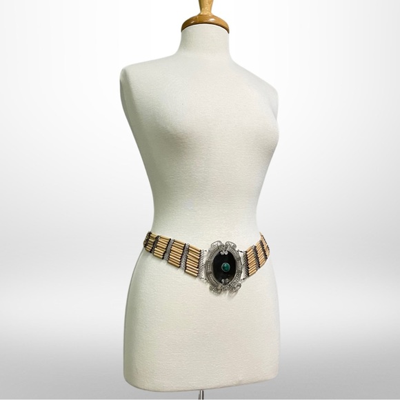 Vintage Bohemian Belt with Malachite Stone, Silver, Wood, Horn Handmade Ethic